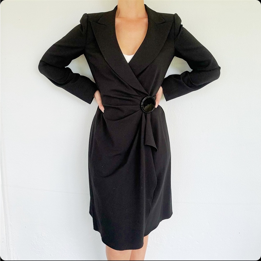 Armani Collezioni black wool belted long sleeve collared wrap dress size 6